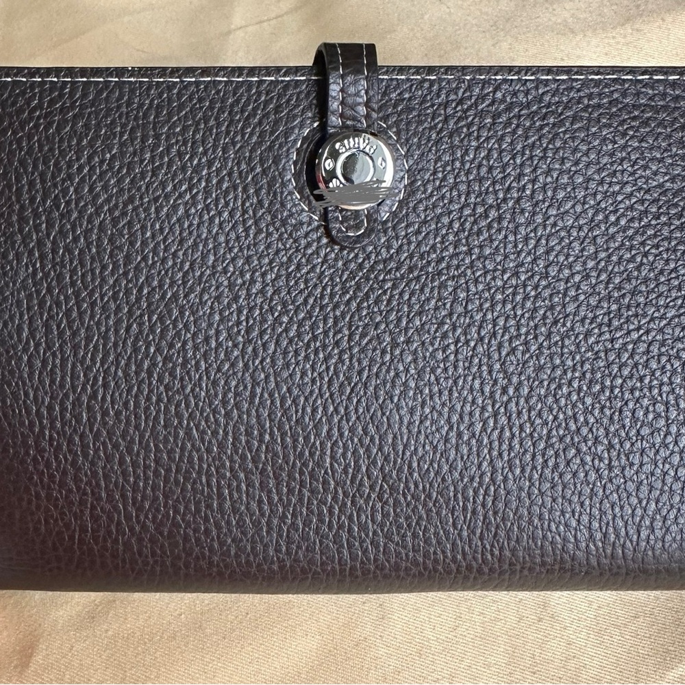 Brown Pebbled Leather Wallet Clutch with Silver Accent